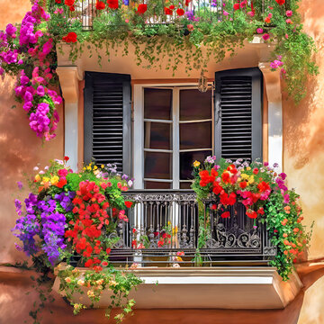 Spanish house summer window balcony garden box decorated with many flowers and plants in colored pots 