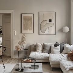 Modern Scandinavian home interior with neutral tones, clean lines, and modern art pieces on the...