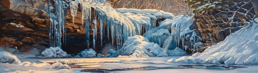 A serene winter landscape featuring a frozen waterfall surrounded by ice and snow-covered rocks under a clear sky at sunrise.