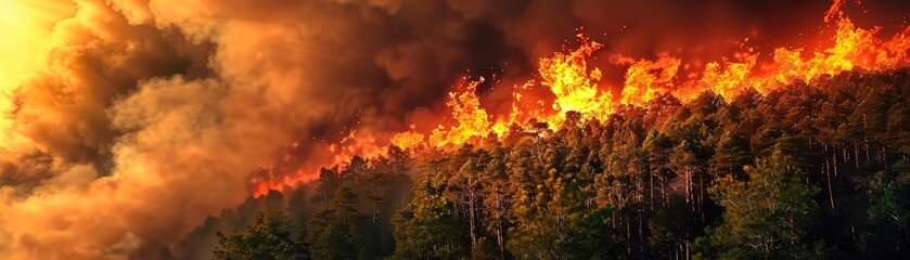 A powerful forest fire engulfing a dense forest, with intense flames and dark smoke filling the sky, showcasing the destructive force of wildfire.