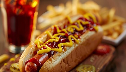 Selective focused image of a hot dog with ketchup mustard and soda