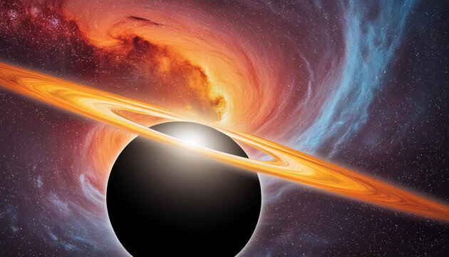 A striking illustration of a black hole with swirling accretion disk set against a vibrant