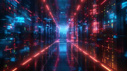 A long hallway with many computer monitors and lights. futuristic technology background