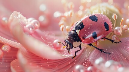 Pink Ladybug with Black Dots on Flower Petal Made of Pearls and Gold Dust, Close-Up, Macro Photography, Pastel Colors, Hyper Realistic
