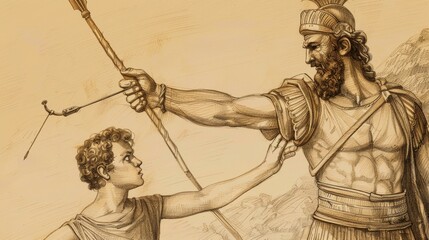 Defeating Goliath with Sling, Young David, Philistine Giant, Biblical Illustration, Beige Background, Copyspace