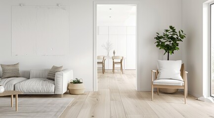 Obraz premium Modern Scandinavian home interior with white walls, light wooden flooring, and simple, elegant decor