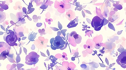 A beautiful floral pattern in shades of purple, pink, and blue. The flowers are watercolor and have a soft, dreamy look. The pattern is perfect for use as a wallpaper or fabric.