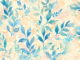 A beautiful watercolor painting of blue and green leaves and vines on a light yellow background