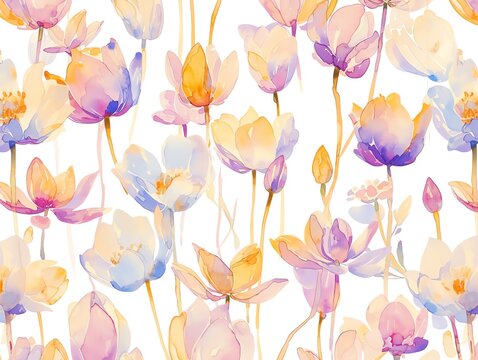 Create a watercolor painting of a floral pattern featuring tulips, lilies, and roses. The colors should be soft and muted. The painting should have a seamless repeat.