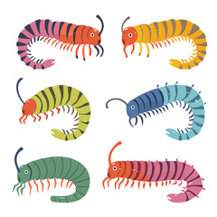 Set six colorful caterpillars cartoon illustrations isolated white, caterpillar has unique pattern stripes segments, different shades antenna types. Illustrations suitable childrens book