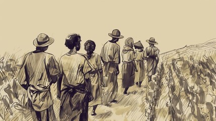 Illustration of Grace in Parable of Vineyard Workers, Same Pay, Biblical Illustration, Beige Background, Copyspace
