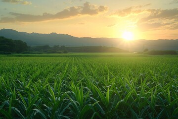Sugarcane field at sunset a sweet and healthy grass in the countryside for food industry or bioenergy