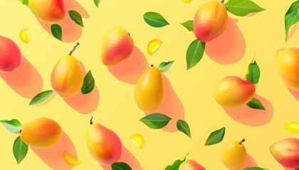 Sunlight thai mango fruit isometric pattern on pastel yellow background Minimal hot summer or healthy diet concept Design wallpaper for promotional materials F