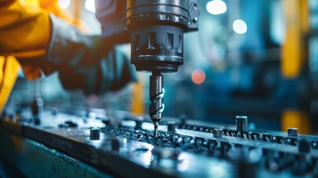 A drill machine is being checked by the safety officer making sure it is properly grounded and the safety guard is in place.