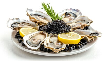 Tasty oysters with lemon and black caviar on white plate - Powered by Adobe