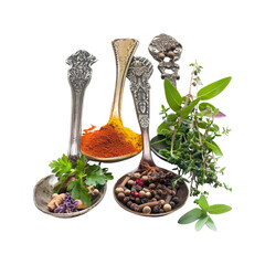 Spices And Herbs Nestled In Old Spoons, Isolated On Transparent Background, For Design And Printing