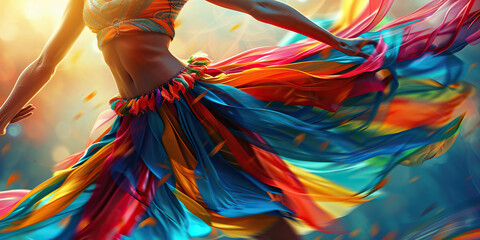 A dancer spins with joy, their colorful skirt spinning outwards, their movements expressing freedom and passion in the rhythm of the music