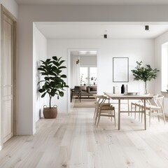 Modern Scandinavian home interior with white walls, light wooden flooring, and minimalist decor