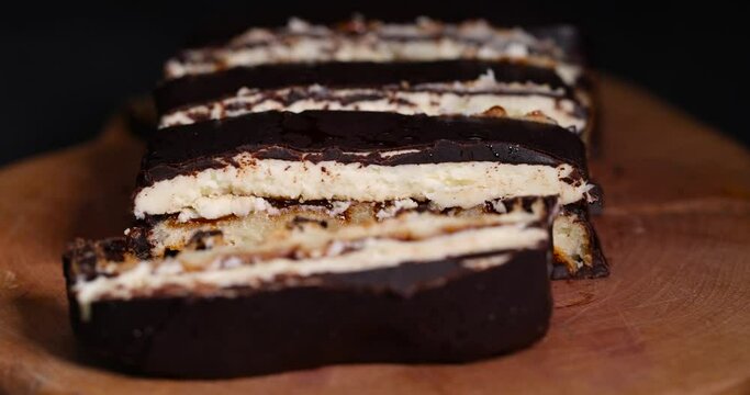 cottage cheese cake with cherry in chocolate, sweet dessert with cherry flavor