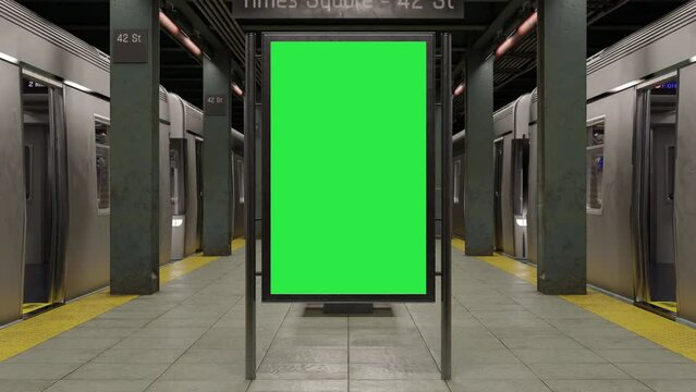 Empty billboard with a green screen for advertising on a subway station. 4k 3D animation 
