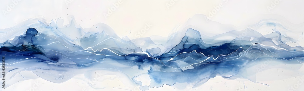 Wall mural blue watercolor wave on white background