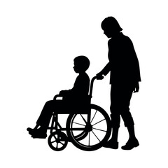 A Disable Child sitting on the Wheel Chair and a woman push up the chair and helping the child vector silhouette