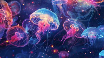 luminescent jellyfish swimming in a sea of glowing underwater creatures digital art