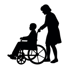 A Disable Child sitting on the Wheel Chair and a woman push up the chair and helping the child vector silhouette