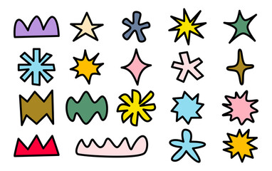 Abstract stars organic shapes pack vector illustration set. Groovy geometric funky bubble, star, loop, waves in trendy retro 90s 00s cartoon style