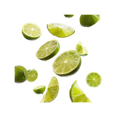 Whole And Half Slices Of Fresh Lime Fruit, Isolated On Transparent Background, For Design And Printing