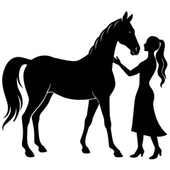 A Woman Standing with a horse, A horse lover girl with a horse, fall in love, animal lover, silhouette, isolated white background