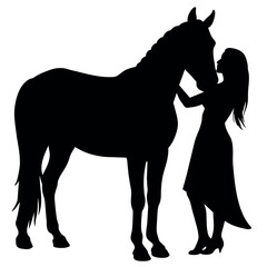 A Woman Standing with a horse, A horse lover girl with a horse, fall in love, animal lover, silhouette, isolated white background