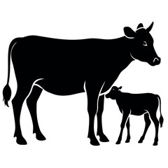 A cow With Calf vector silhouette, a cow standing with a new born calf silhouette isolated white background