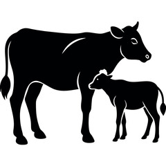 A cow With Calf vector silhouette, a cow standing with a new born calf silhouette isolated white background