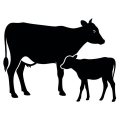 A cow With Calf vector silhouette, a cow standing with a new born calf silhouette isolated white background