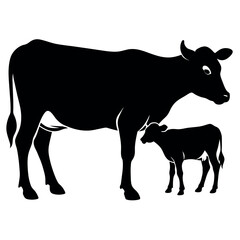 A cow With Calf vector silhouette, a cow standing with a new born calf silhouette isolated white background