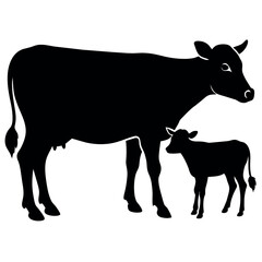 A cow With Calf vector silhouette, a cow standing with a new born calf silhouette isolated white background