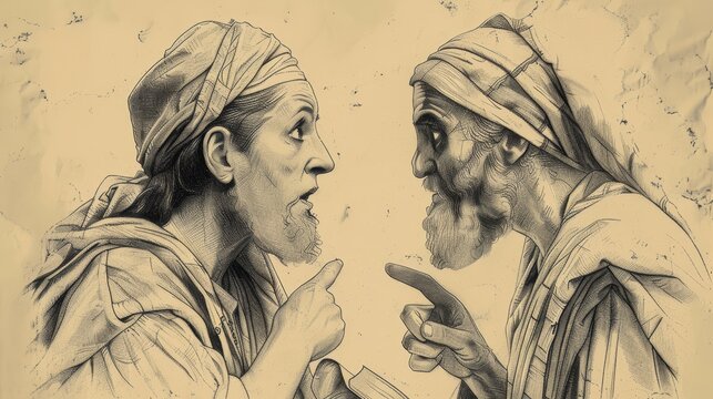 Judge Relenting, Parable of Unjust Judge, Persistent Widow, Biblical Illustration, Beige Background, Copyspace