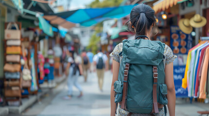 An Asian woman tourist wearing a backpack walking down the streets of Phuket town, Thailand. The background is blurred with shops and streets.