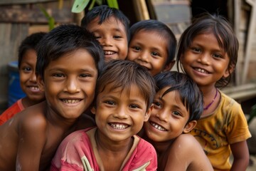 Group of indian kids smiling at the camera in the village.