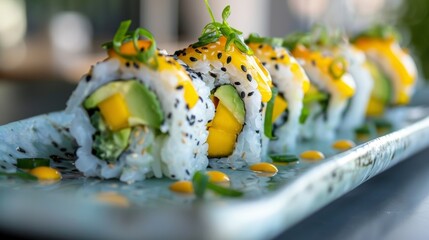 A refreshing and summery take on sushi these rolls are filled with avocado mango and cucumber and topped with a zesty lime dressing.