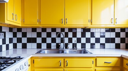 Modern yellow kitchen featuring canary yellow cabinets, black and white checkered backsplash, and chrome fixtures