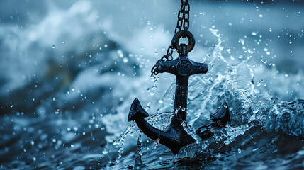 An anchor stuck in the water with a chain hanging down, splashing waves, a blurred background, blue tones, macro photography, high resolution, a professional photograph.