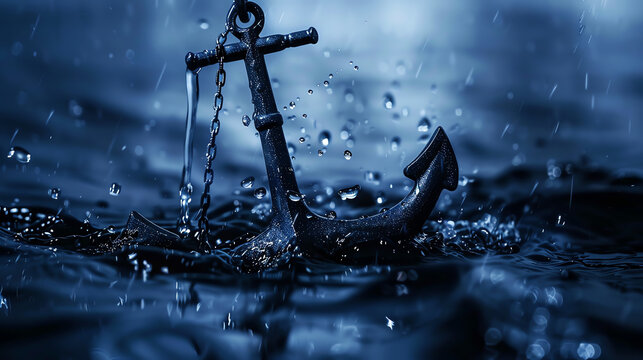 An anchor with a chain sticking out of the water, the sea is calm and dark blue, the background has a little misty effect, there is some splashing on top of it