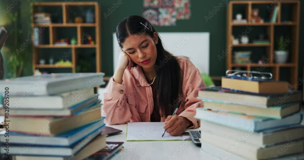 Poster Girl, student and writing notes in home for school with calculator for project, task and assignment for accounting. Learner, tired and bored for studying or fatigue, wonder and solution for equation.
