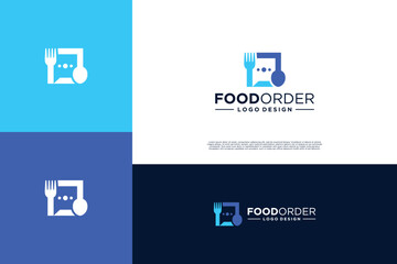 Fototapeta premium bubble chat with fork and spoon logo design for restaurant food order