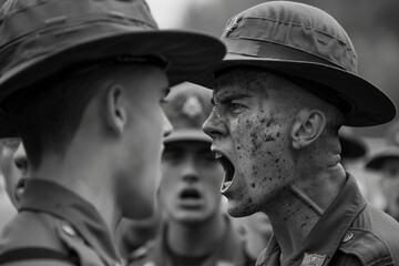 Drill sergeant screaming at a cadet