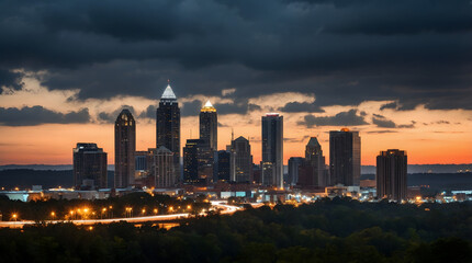 Atlanta skyline at sunset bustling traffic and towering buildings create a captivating cityscape.