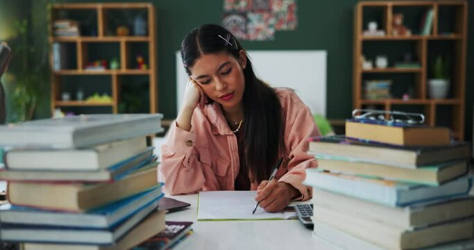 Girl, student and writing notes in home for school with calculator for project, task and assignment for accounting. Learner, tired and bored for studying or fatigue, wonder and solution for equation.