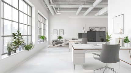 คำ; A bright and airy studio space with minimalist decor and subtle curved details, providing an inspiring environment for artistic exploration and creativity.